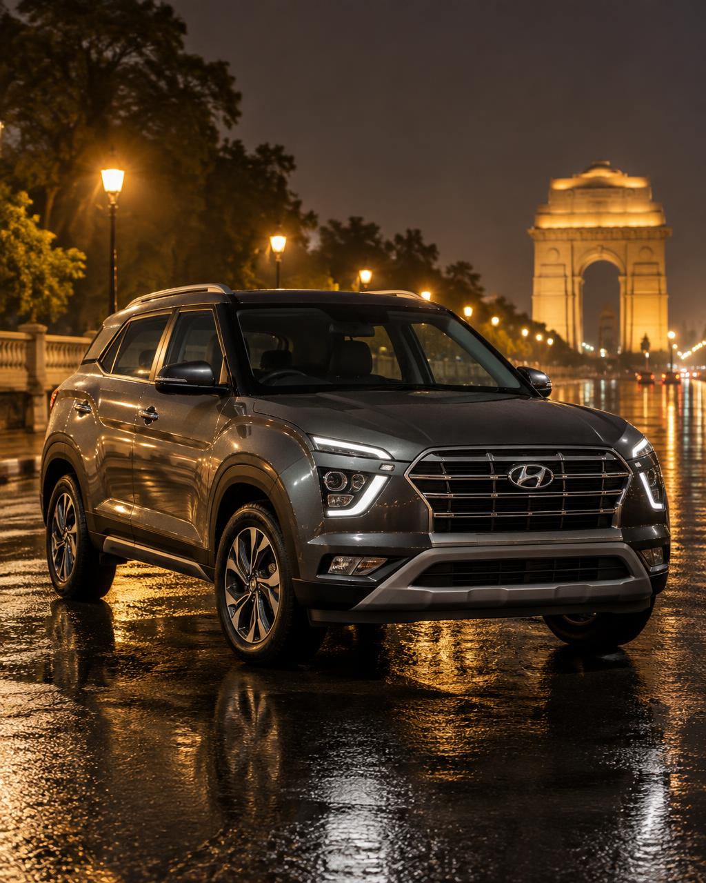 Hyundai Creta ready for rental near India Gate at night